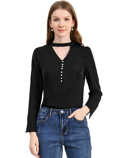 Choker Neck Cutout Button Decor Long Sleeve Chiffon Work Blouse