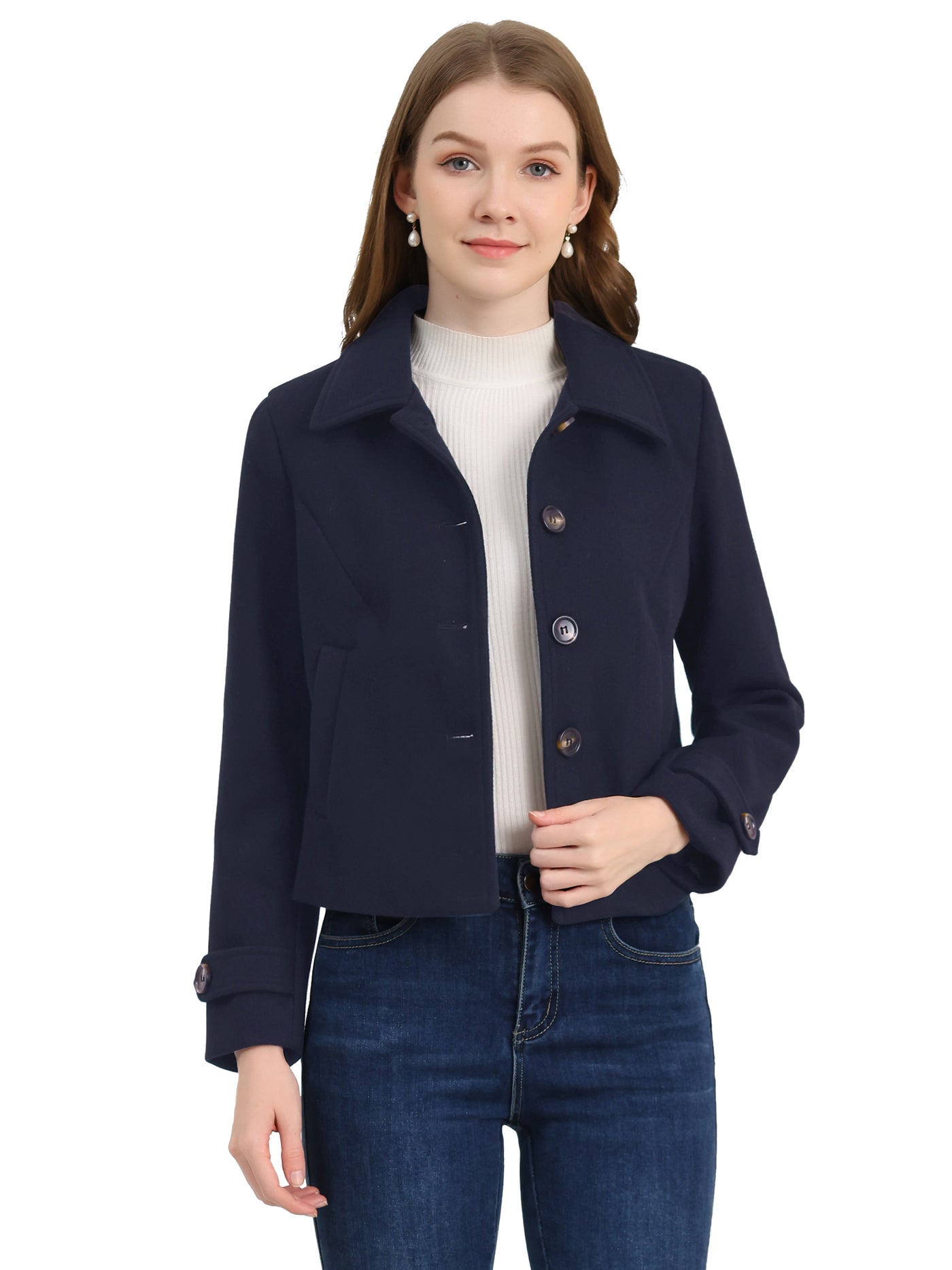 Allegra K Turn Down Collar Long Sleeve Single Breasted Outwear Winter Pea Coat