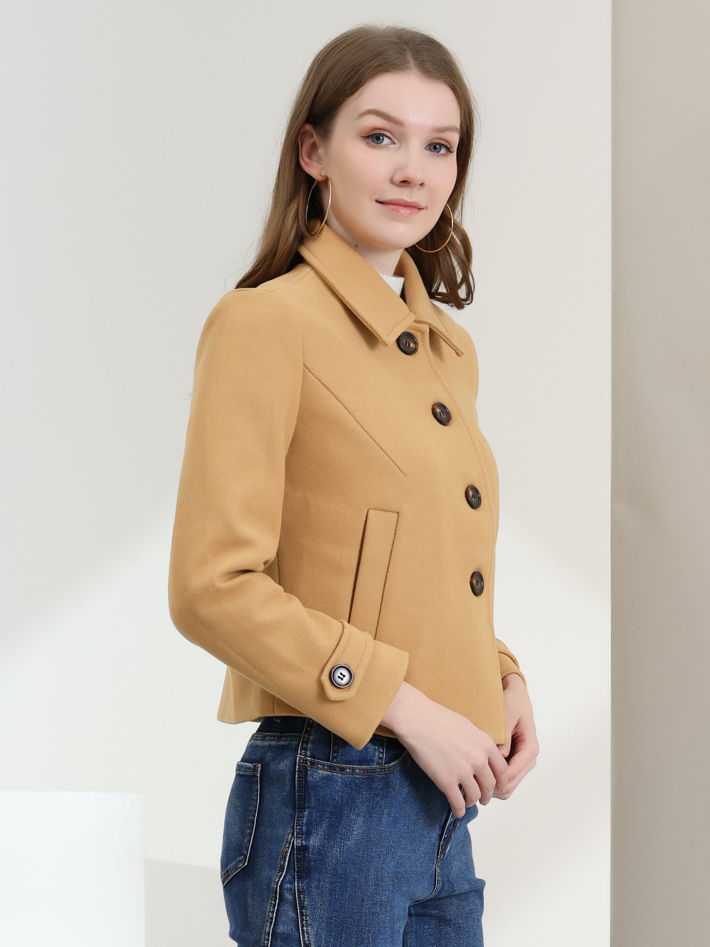 Allegra K Turn Down Collar Long Sleeve Single Breasted Outwear Winter Pea Coat