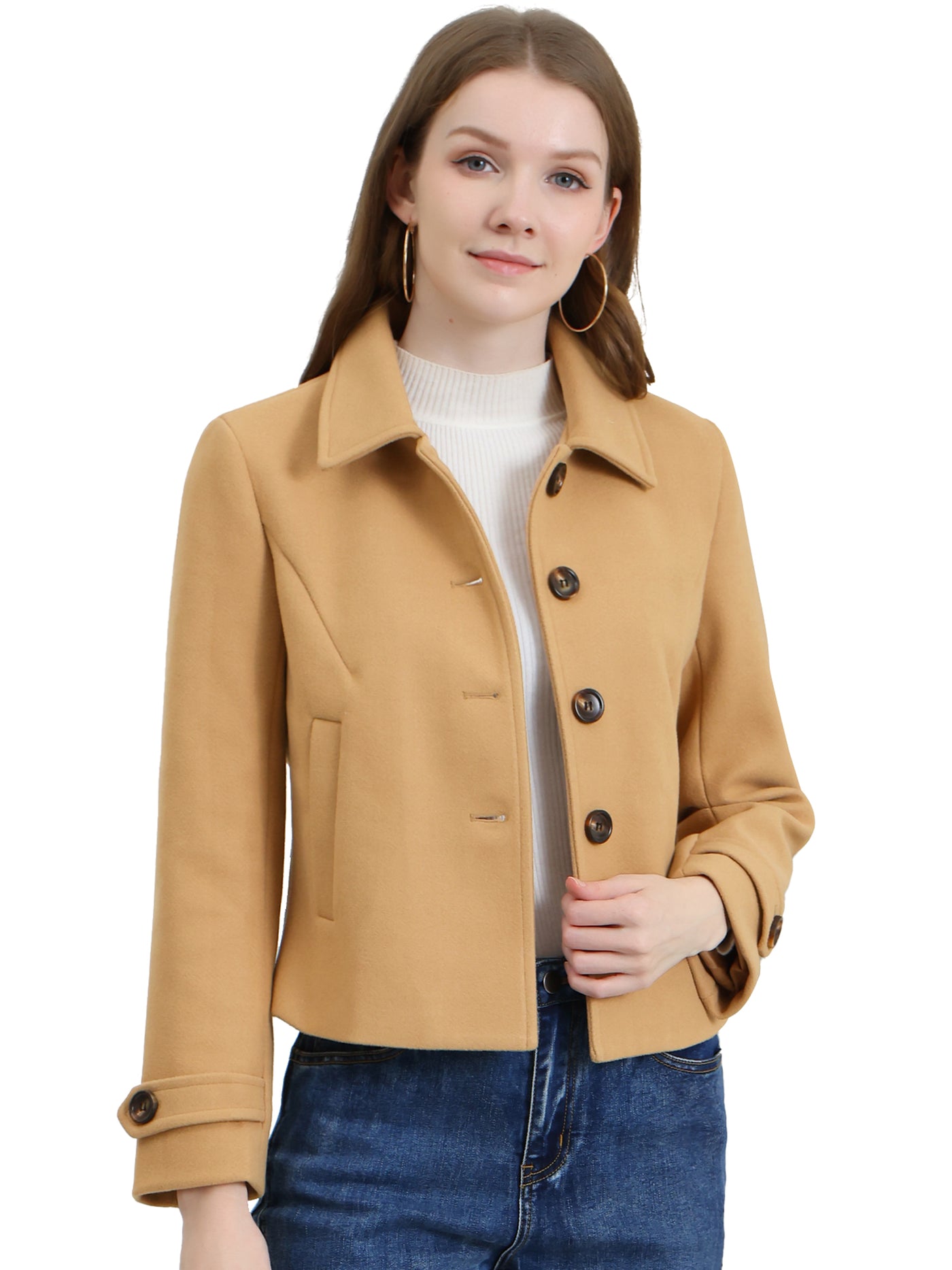 Allegra K Turn Down Collar Long Sleeve Single Breasted Outwear Winter Pea Coat