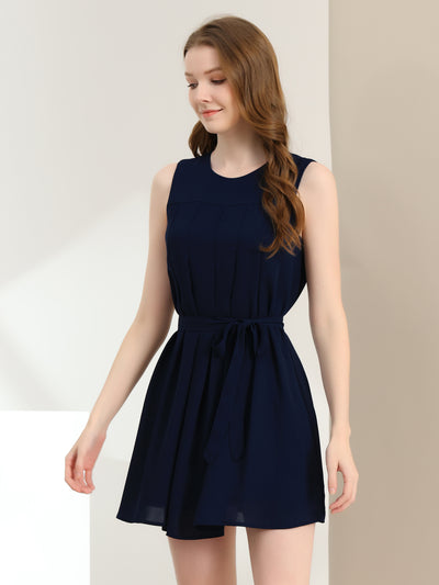 Sleeveless Round Neck Pleated Belted Chiffon Summer Dress