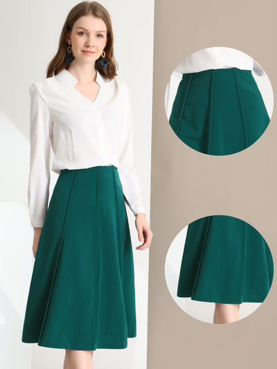 Business Casual High Waist Solid Pleated Below Knee Flared Skirt