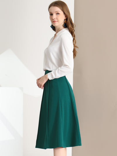 Business Casual High Waist Solid Pleated Below Knee Flared Skirt