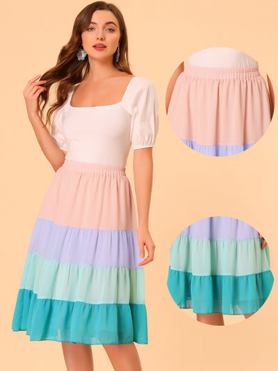 Tiered High Waist Contrast Chiffon Color Block Skirt