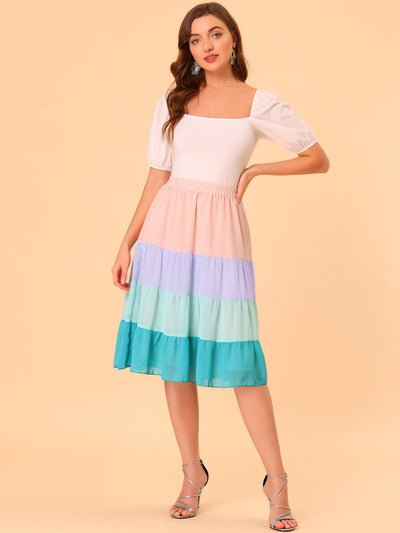 Tiered High Waist Contrast Chiffon Color Block Skirt