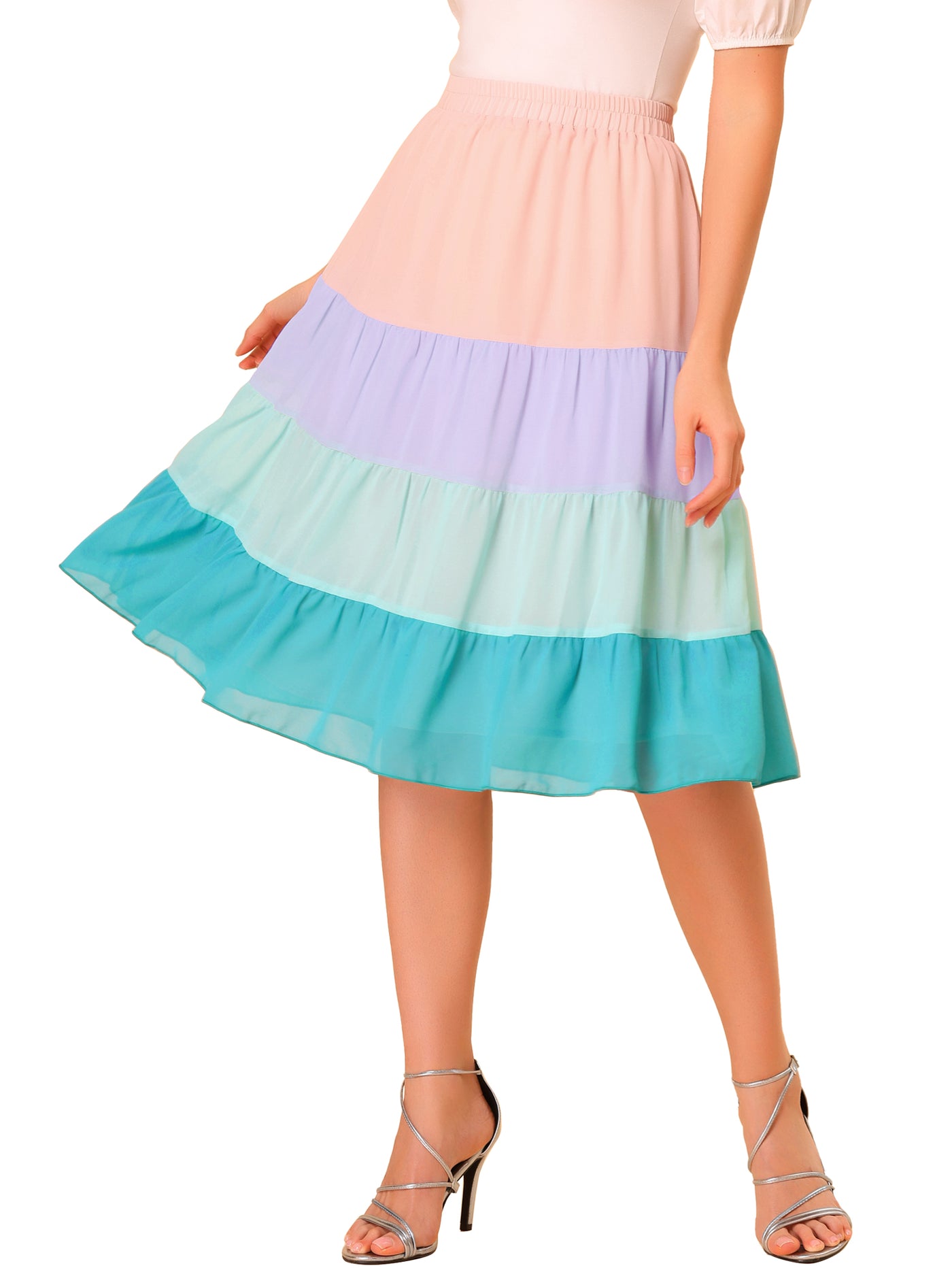 Allegra K Tiered High Waist Contrast Chiffon Color Block Skirt