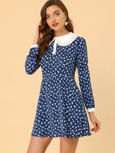 Ruffle Peter Pan Collar Button Long Sleeve Floral Mini Dress