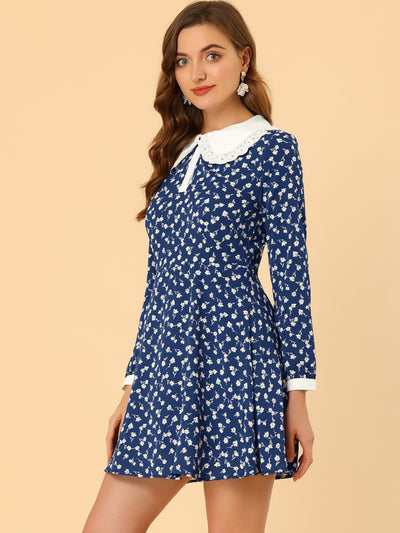 Ruffle Peter Pan Collar Button Long Sleeve Floral Mini Dress