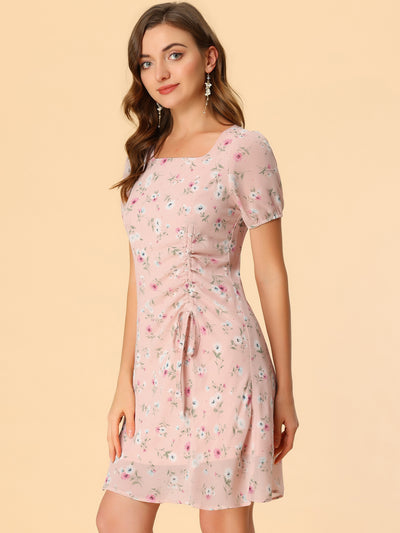 Floral Square Neck Short Sleeve Drawstring Ruched Dress