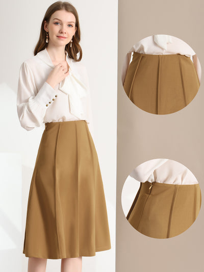 Business Casual High Waist Solid Pleated Below Knee Flared Skirt