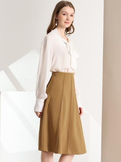 Business Casual High Waist Solid Pleated Below Knee Flared Skirt