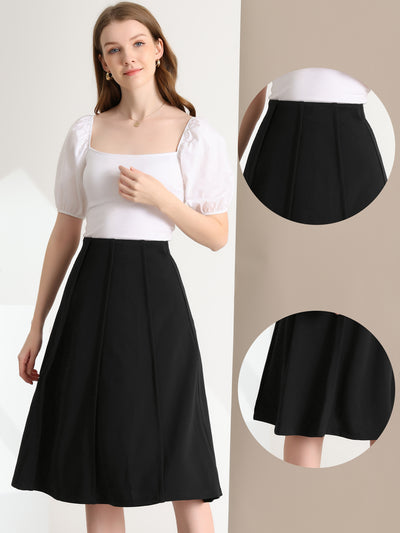 Business Casual High Waist Solid Pleated Below Knee Flared Skirt