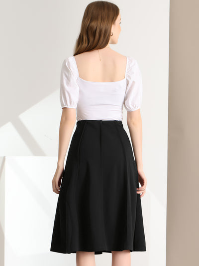 Business Casual High Waist Solid Pleated Below Knee Flared Skirt