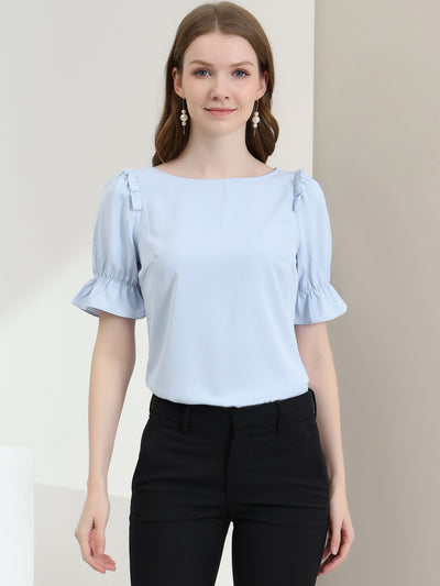 Round Neck Short Puff Sleeve Ruffle Top Blouse