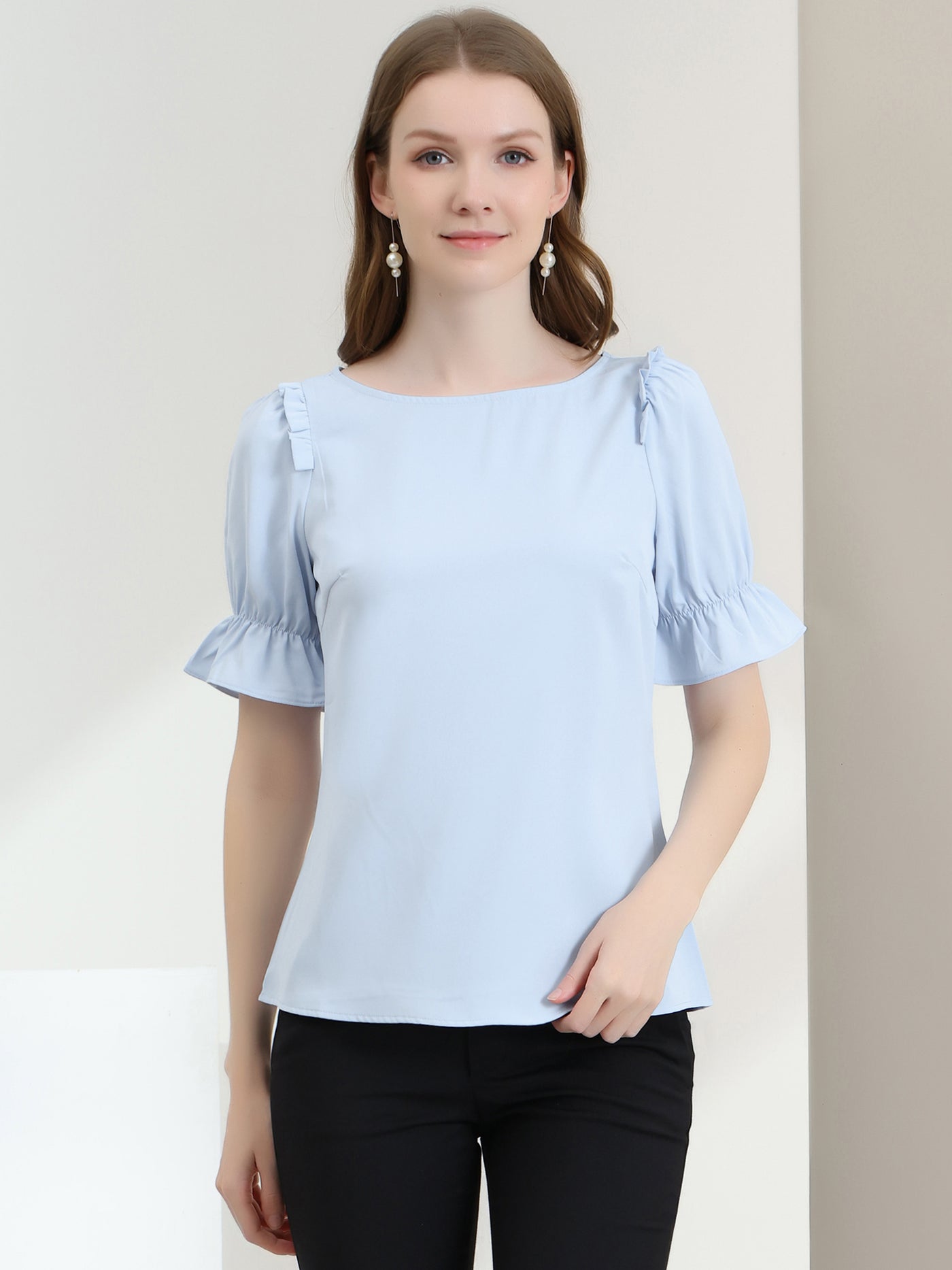 Allegra K Round Neck Short Puff Sleeve Ruffle Top Blouse