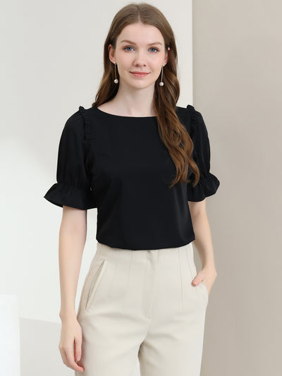 Round Neck Short Puff Sleeve Ruffle Top Blouse