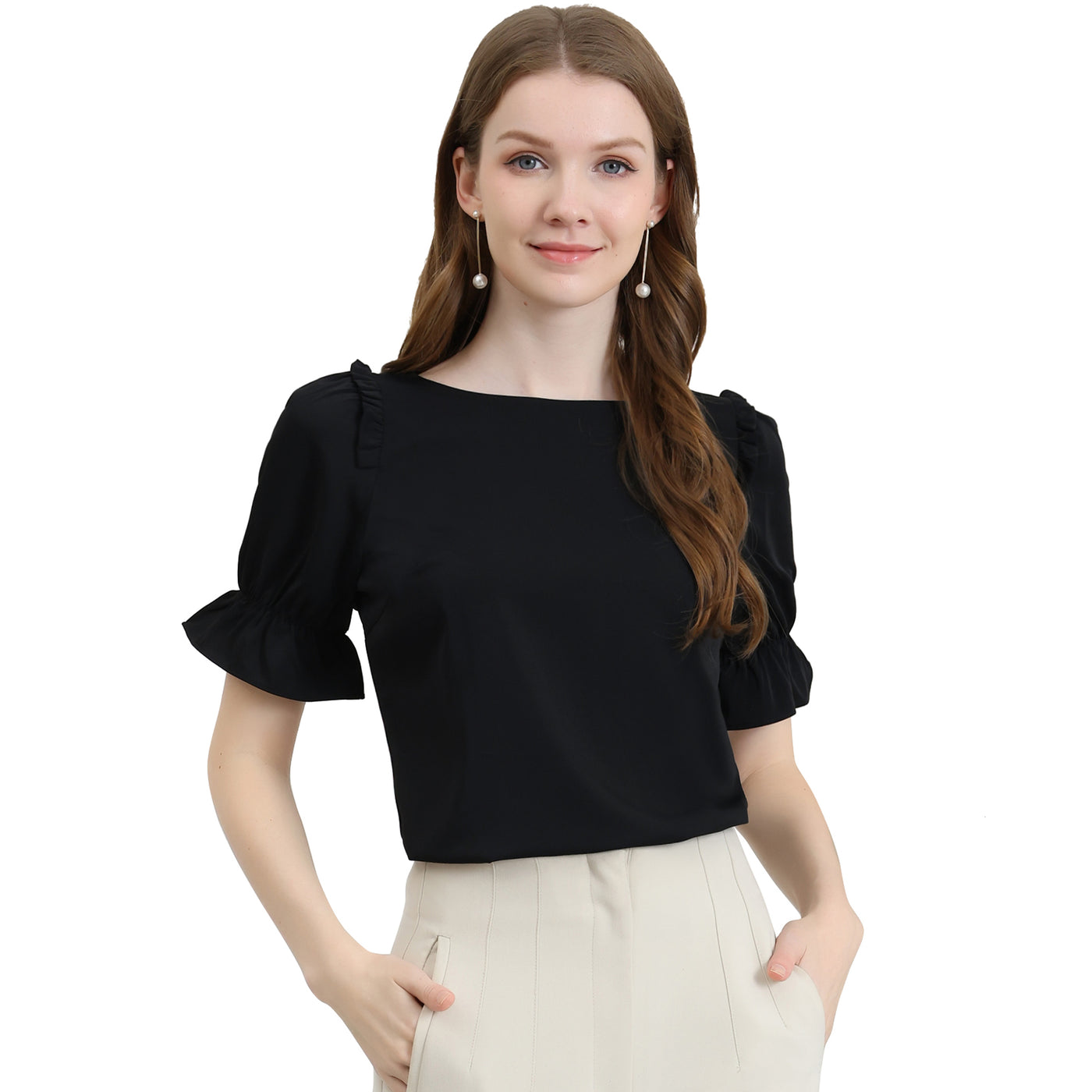 Allegra K Round Neck Short Puff Sleeve Ruffle Top Blouse