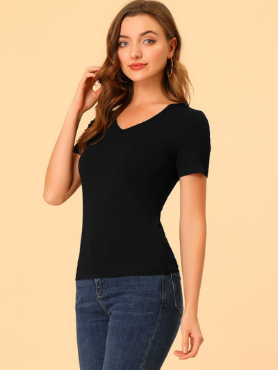 V Neck Blouse Basic Casual Solid Short Sleeve Slim Fit Tees Top