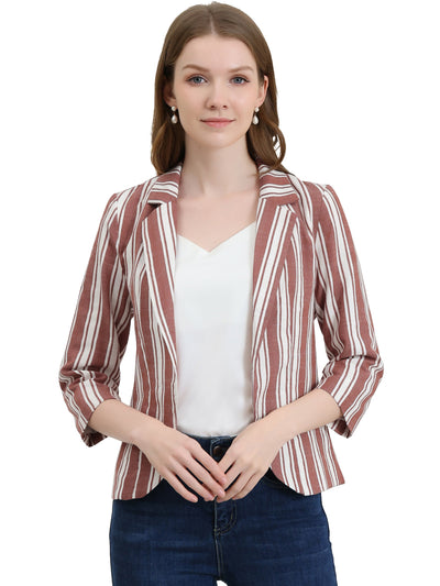 Striped 3/4 Sleeve Open Front Notched Lapel Blazer