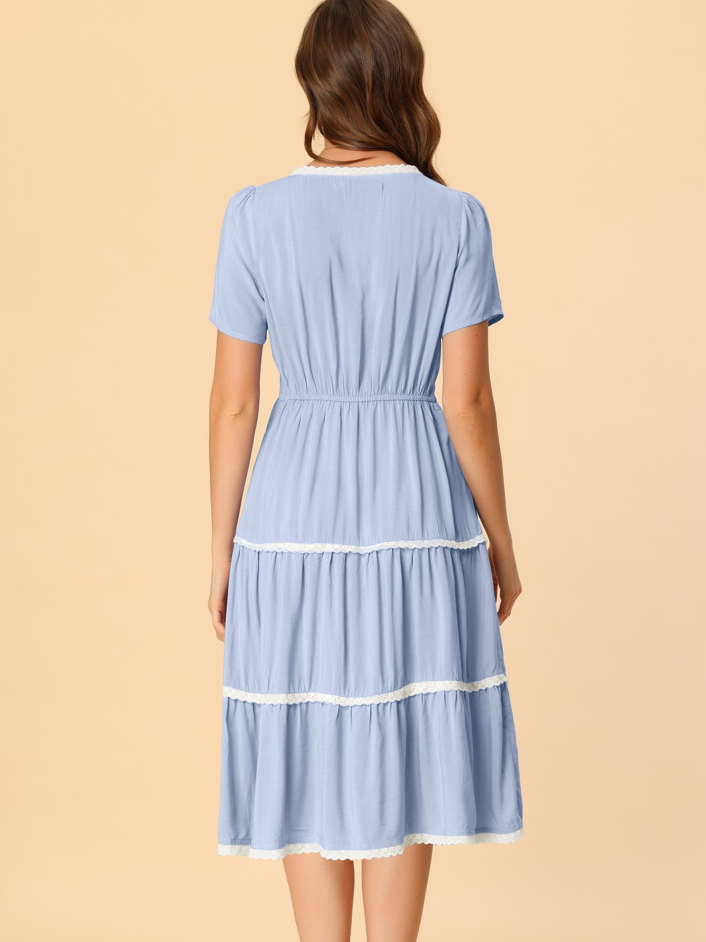Allegra K Elegant Midi Short Sleeve Tiered Square Neck Long Dress