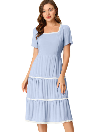 Elegant Midi Short Sleeve Tiered Square Neck Long Dress