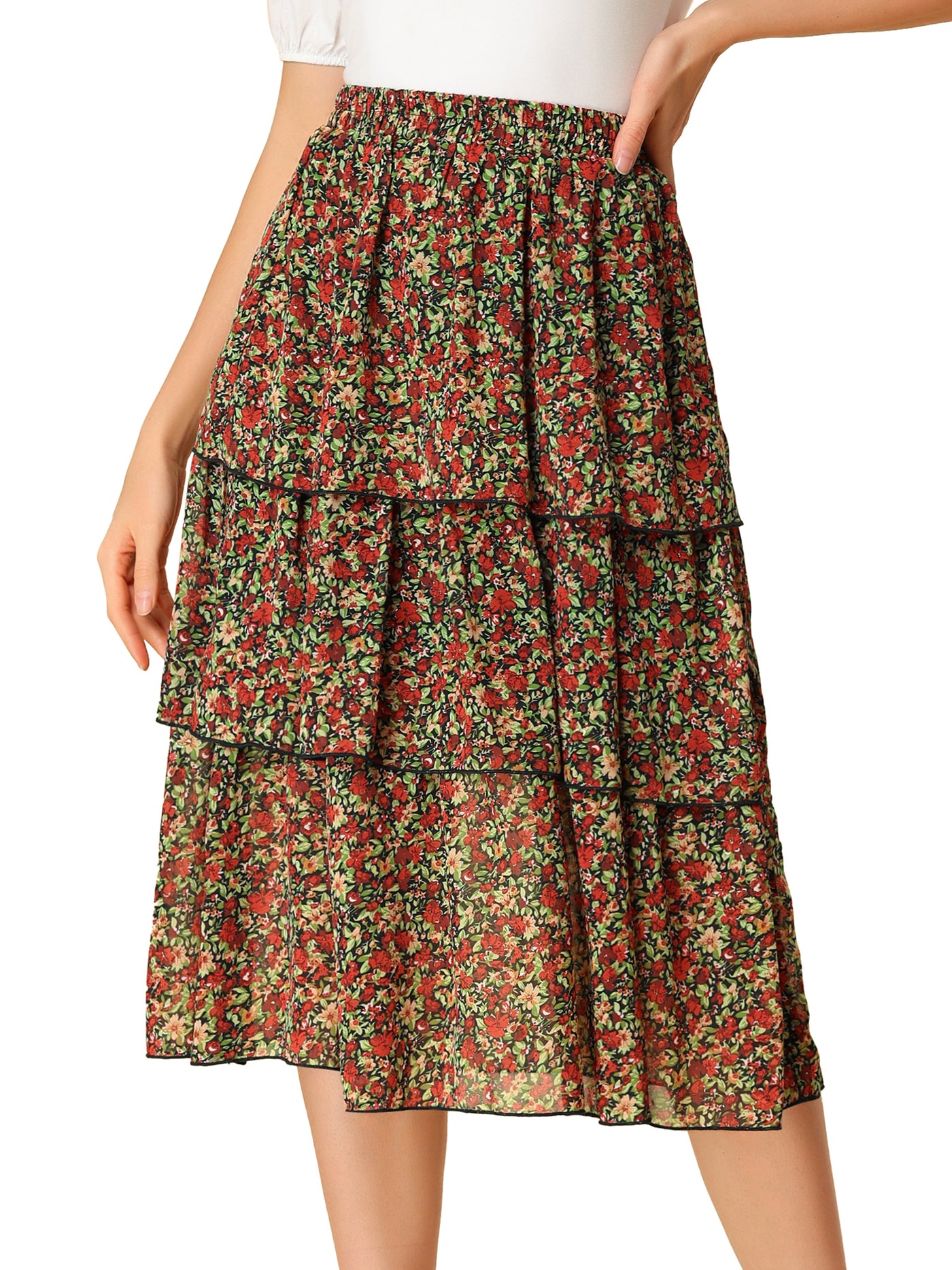 Allegra K Floral Ruffle Hem High Waist Layered Midi Skirt