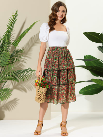 Floral Ruffle Hem High Waist Layered Midi Skirt