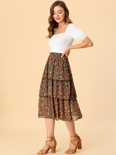 Floral Ruffle Hem High Waist Layered Midi Skirt