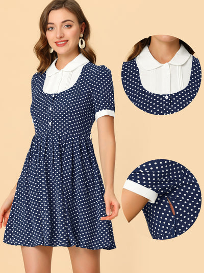 Polka Dot Peter Pan Collar Belted Waist Puff Sleeve 1950s Mini Dress