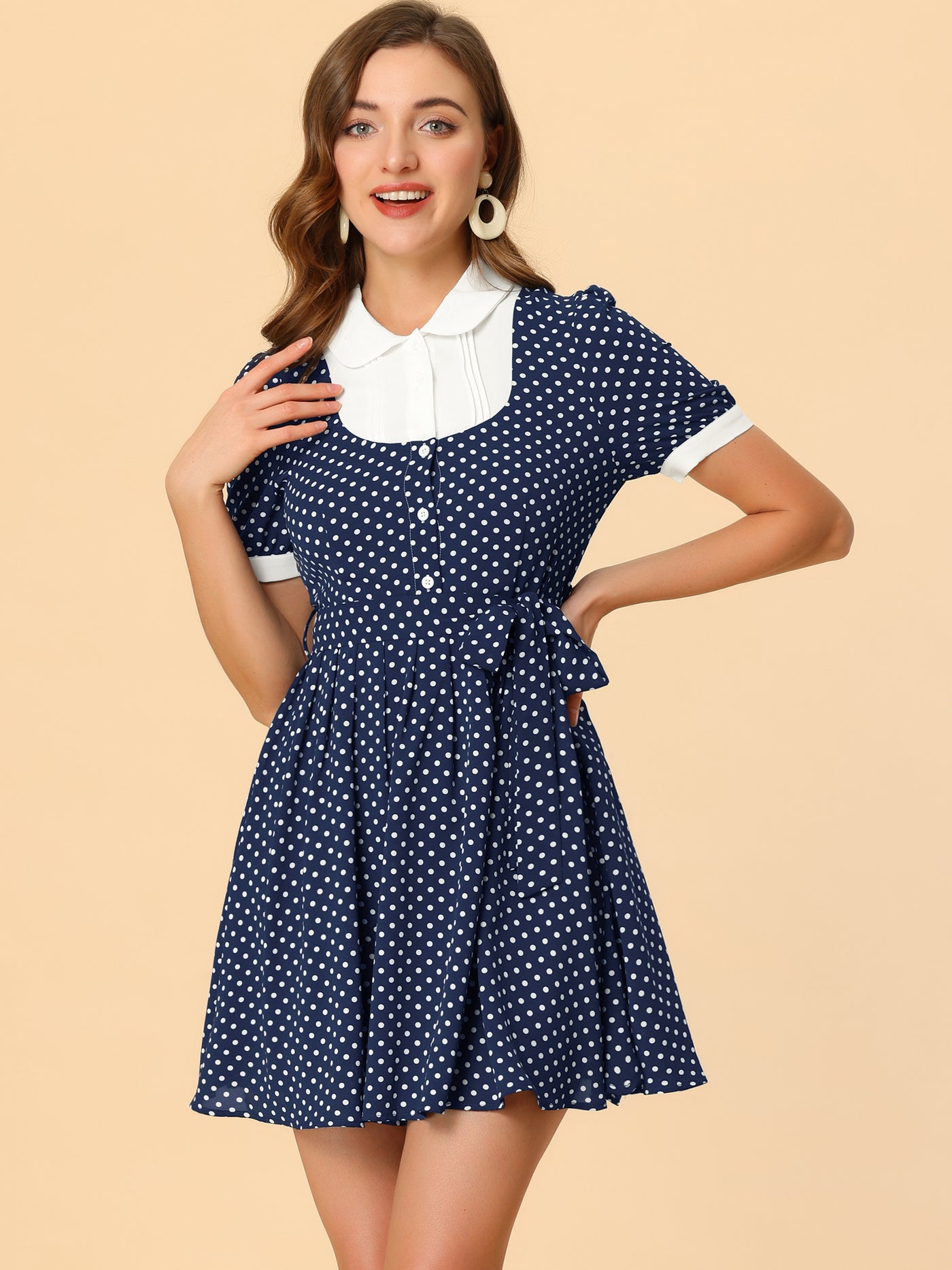 Allegra K Polka Dot Peter Pan Collar Belted Waist Puff Sleeve 1950s Mini Dress