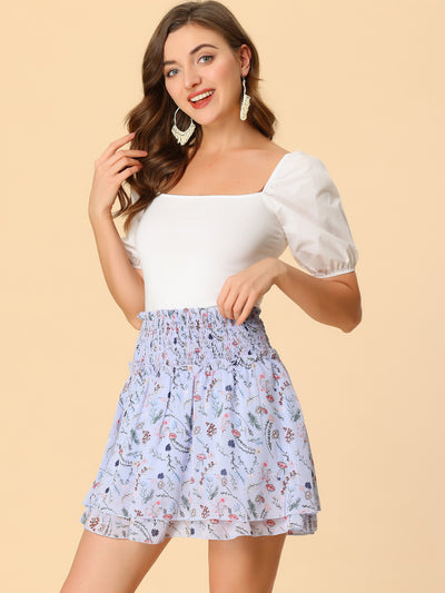 Allegra K Chiffon A Line Layer Ruffle Flare Mini Floral Smocked Skirt