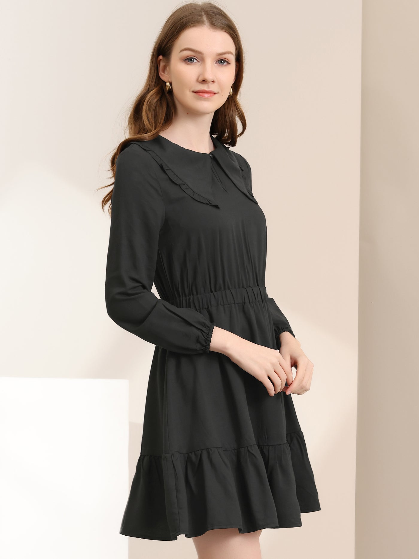 Allegra K Casual Above Knee Ruffle Hem A-Line Long Sleeve Dress