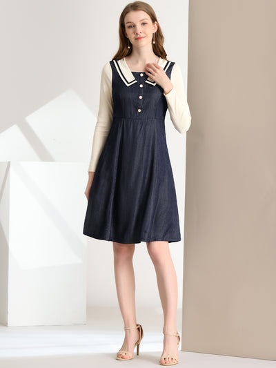 Chambray Contrast Collar Long Sleeve Fit and Flare Denim Dress