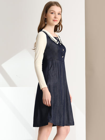 Chambray Contrast Collar Long Sleeve Fit and Flare Denim Dress