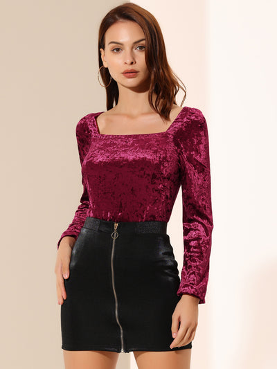 Velvet Top Long Sleeve Sexy Square Neck Shirt