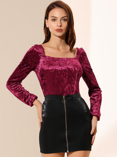 Velvet Top Long Sleeve Sexy Square Neck Shirt