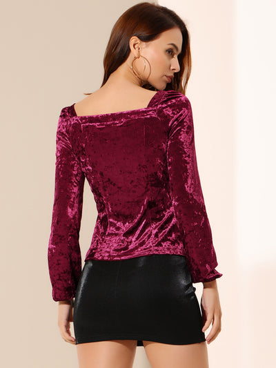 Velvet Top Long Sleeve Sexy Square Neck Shirt