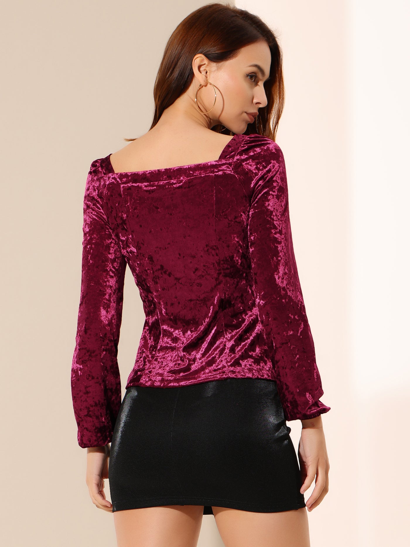 Allegra K Velvet Top Long Sleeve Sexy Square Neck Shirt