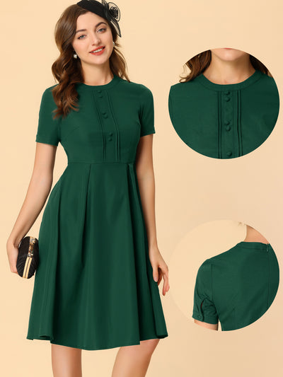 Vintage Round Neck Short Sleeve Pleated 1950s Midi Dress