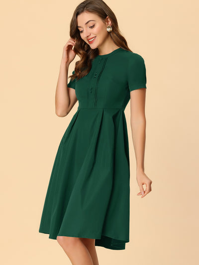 Vintage Round Neck Short Sleeve Pleated 1950s Midi Dress