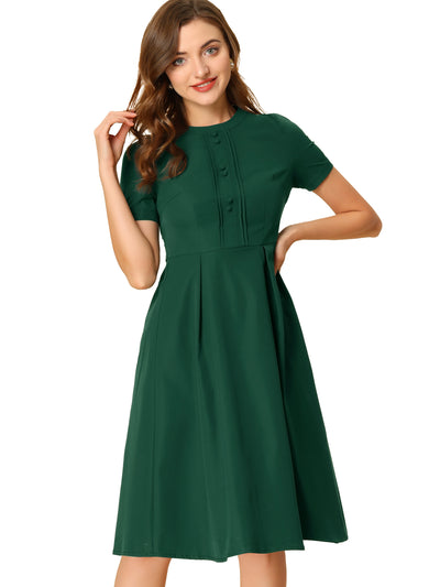 Vintage Round Neck Short Sleeve Pleated 1950s Midi Dress