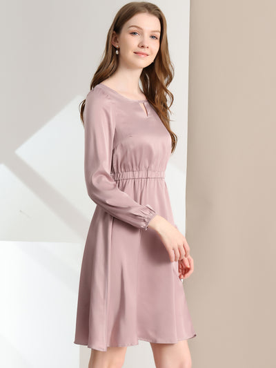 Casual Business Round Neck Keyhole Belted Long Sleeve Satin Dress