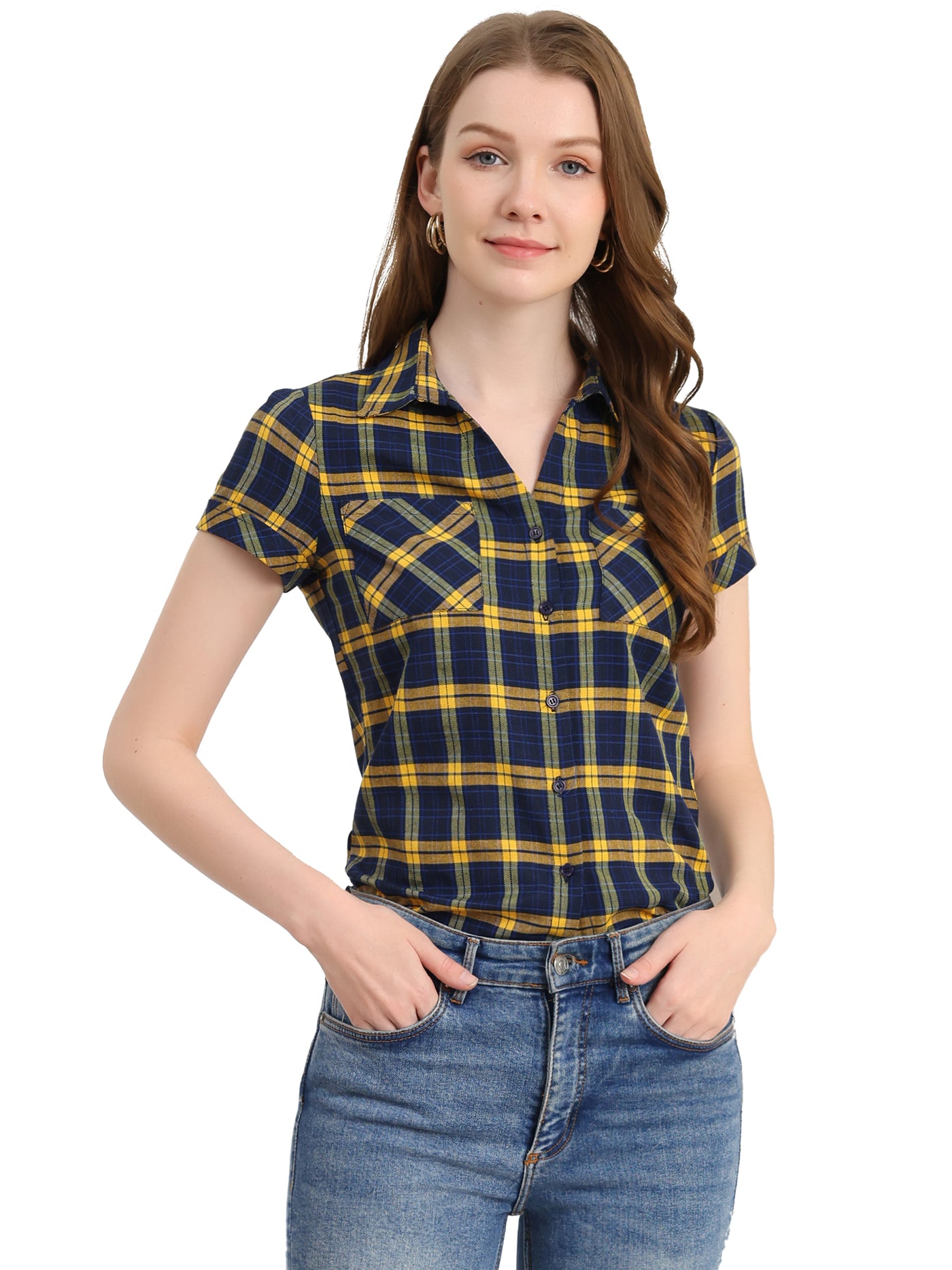 Allegra K Cotton Classic Button Down Plaid Short Sleeve Shirt