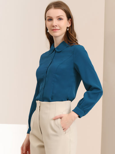 Button Up Peter Pan Collar Long Bishop Sleeve Blouse