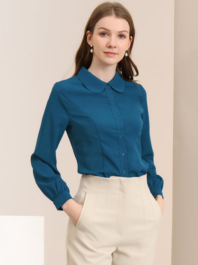 Button Up Peter Pan Collar Long Bishop Sleeve Blouse