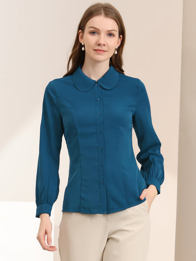 Button Up Peter Pan Collar Long Bishop Sleeve Blouse