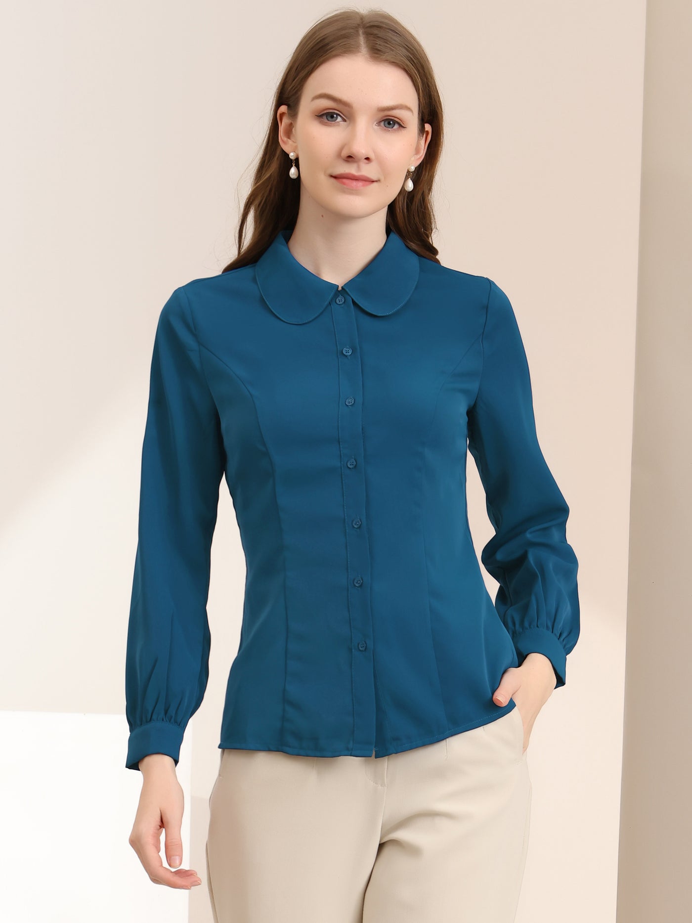 Allegra K Button Up Peter Pan Collar Long Bishop Sleeve Blouse