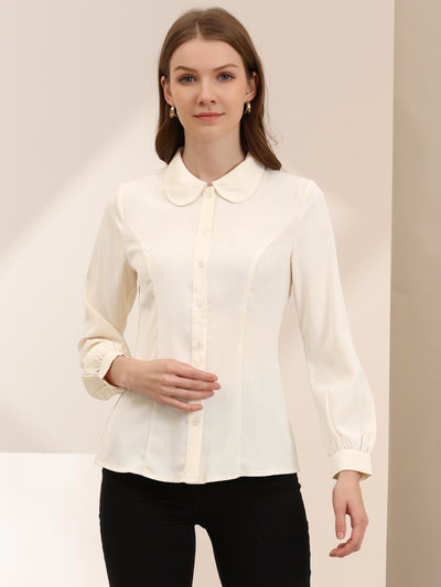 Button Up Peter Pan Collar Long Bishop Sleeve Blouse