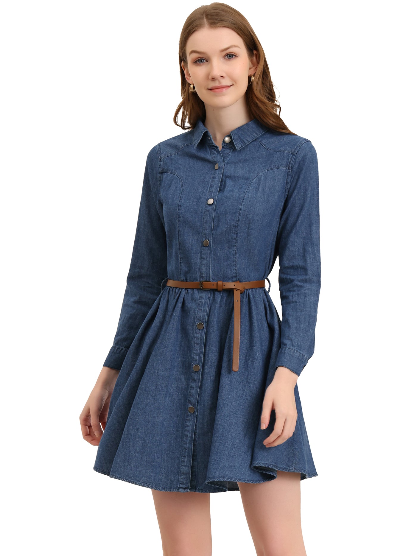 Allegra K Denim Button Down Belted Pleated Flare A-line Shirt Dress