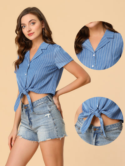 Striped Button Up Lapel Collar Top Short Sleeve Tie Front Crop Shirt